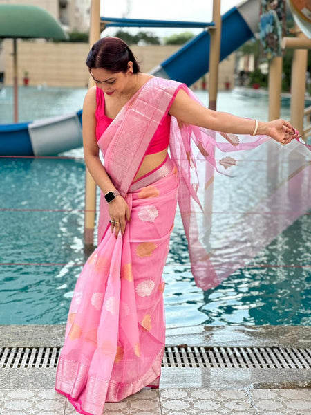 Reena Dwivedi In Kota Doria Silver and Gold Boota Saree With Matching Pallu. Available In 3 Colours.