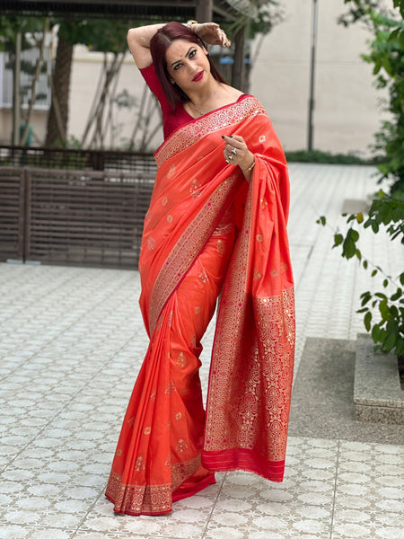 Reena Dwivedi In Banarsi Dupion Silk Gota Patti Saree With Matching Pallu. Available In 2 Colours.