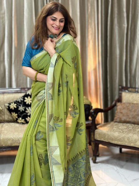 Naveena Kapoor In Chanderi Cotton Saree. Available In 3 Colours.