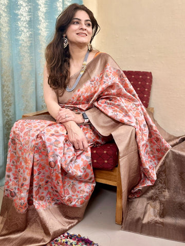 Naveena Kapoor In Digital Print Banarsi Silk Saree. Available in 6 colours.