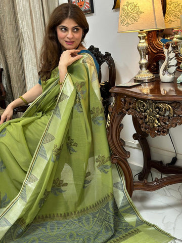 Naveena Kapoor In Chanderi Cotton Saree. Available In 3 Colours.