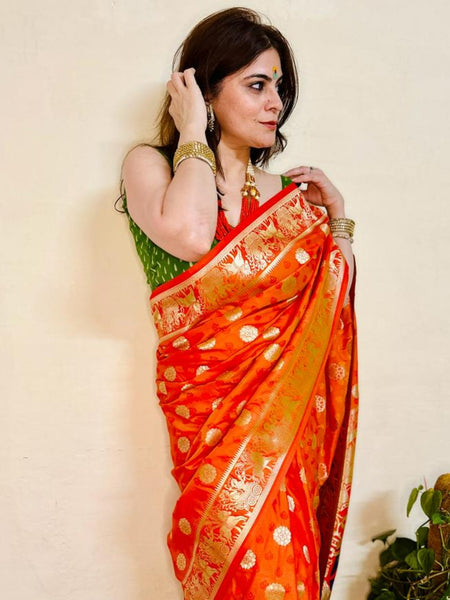 Naveena Kapoor In Handmade Banarsi Silk Designer Saree With Booti Work. Available In 4 Colours.