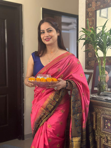 Reena Dwivedi In Banarsi Silk Saree. Available In 2 Colours.