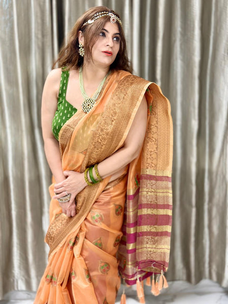 Naveena Kapoori In Banarsi Organza Saree With Booti Work. Available In  4 Colours.