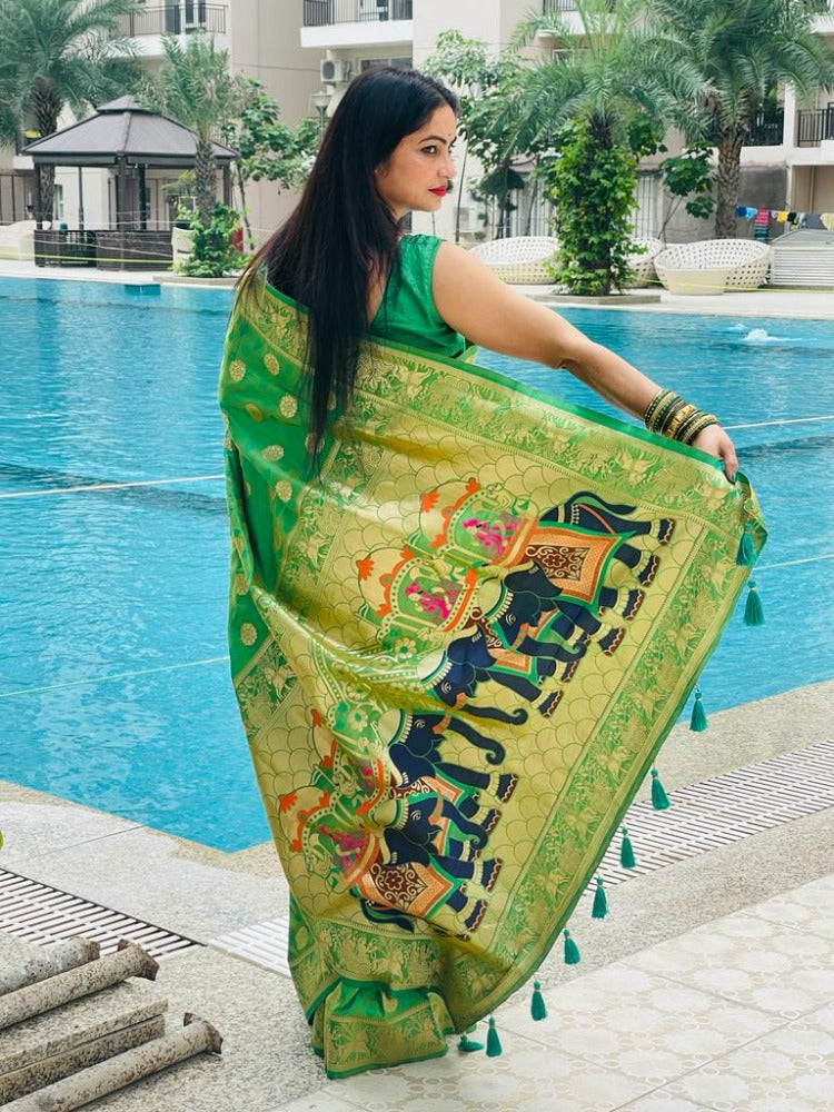 Naveena Kapoor In Handmade Banarsi Silk Designer Saree With Booti Work. Available In 4 Colours.