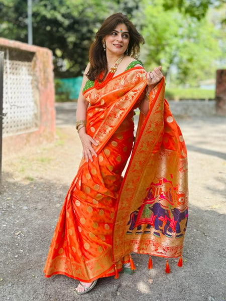 Naveena Kapoor In Handmade Banarsi Silk Designer Saree With Booti Work. Available In 4 Colours.