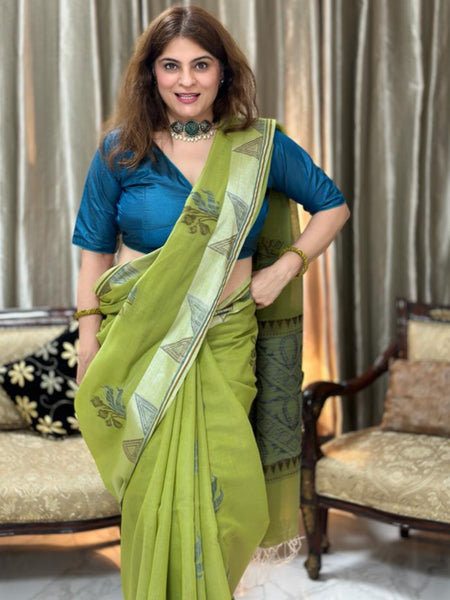 Naveena Kapoor In Chanderi Cotton Saree. Available In 3 Colours.