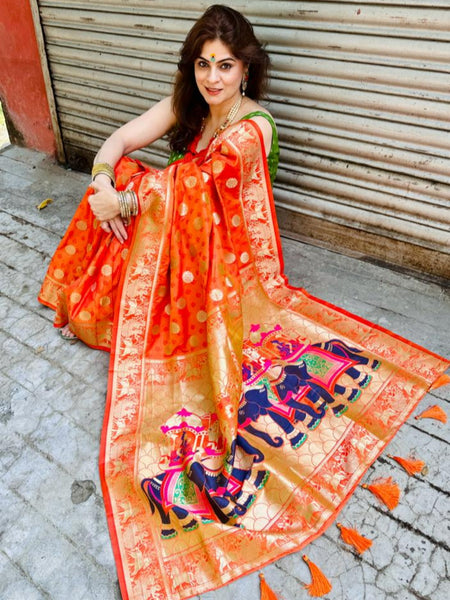 Naveena Kapoor In Handmade Banarsi Silk Designer Saree With Booti Work. Available In 4 Colours.