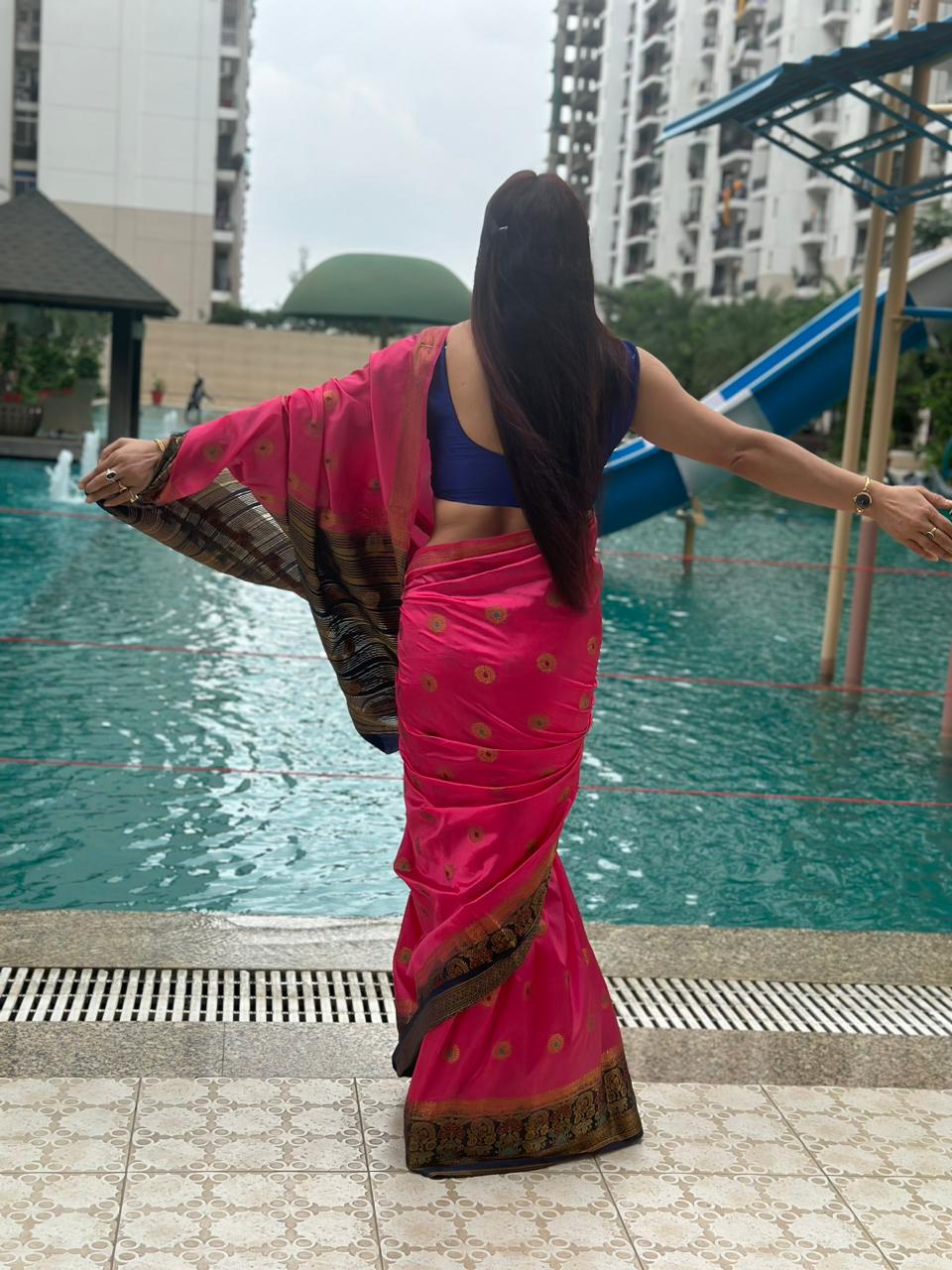 Reena Dwivedi In Banarsi Silk Saree. Available In 2 Colours.