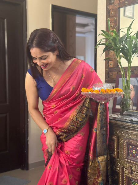 Reena Dwivedi In Banarsi Silk Saree. Available In 2 Colours.