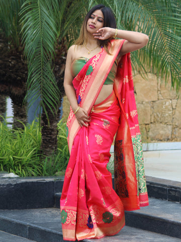 Megha Rathod In Banarsi Silk Saree. Available In 2 Colours.