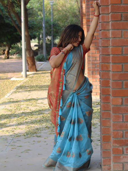 Megha Rathod In Banarsi Organza Saree With Booti Work. Available In 4 Colours.