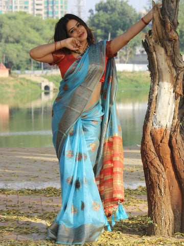 Megha Rathod In Banarsi Organza Saree With Booti Work. Available In 4 Colours.