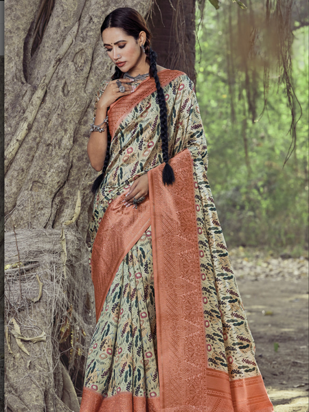 Naveena Kapoor In Digital Print Banarsi Silk Saree. Available in 6 colours.