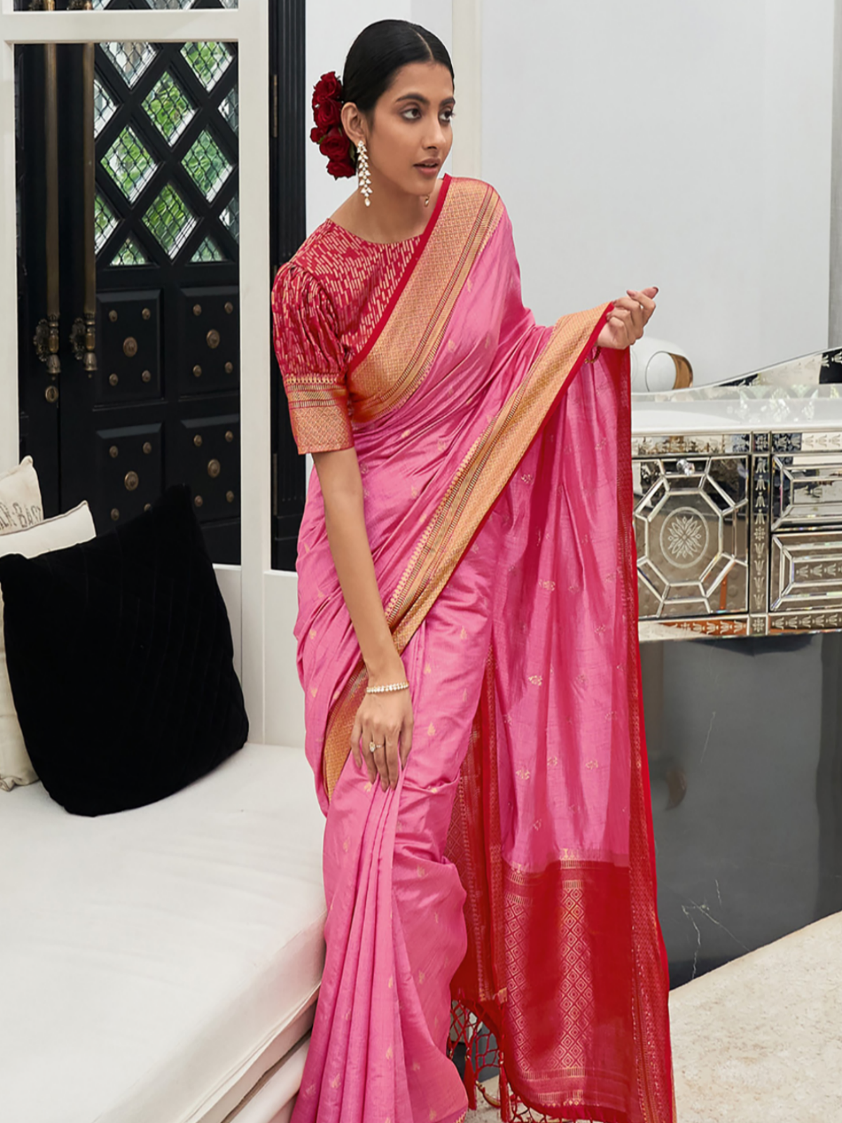 Reena Dwivedi In Banarsi Silk Saree. Available In 5 Colours.