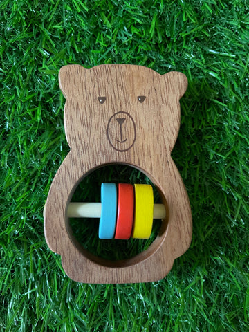 Wooden Bear Rattle With Multicoloured Rings
