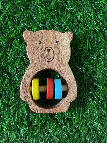 Wooden Bear Rattle With Multicoloured Rings
