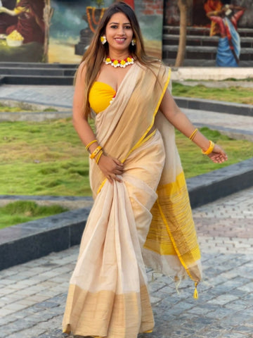 Megha Rathod In Blended Linen Saree. Available In 5 Different Palla And Border Colours.