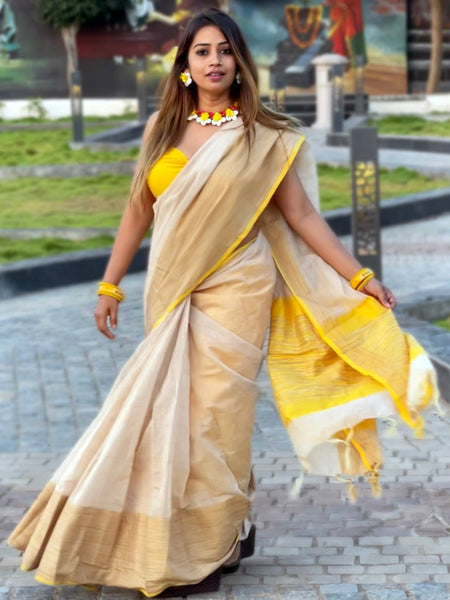 Megha Rathod In Blended Linen Saree. Available In 5 Different Palla And Border Colours.