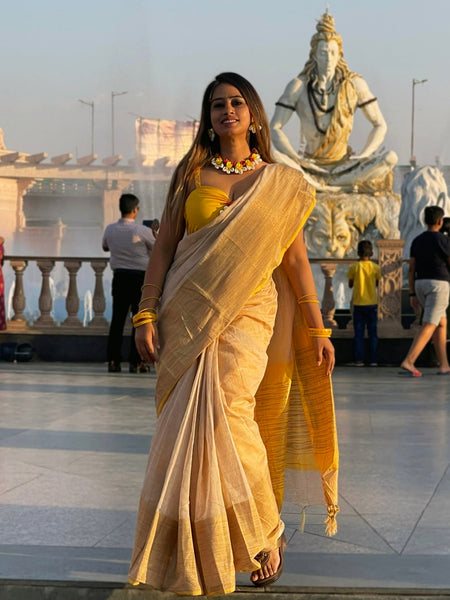 Megha Rathod In Blended Linen Saree. Available In 5 Different Palla And Border Colours.