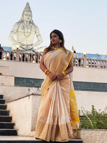 Megha Rathod In Blended Linen Saree. Available In 5 Different Palla And Border Colours.