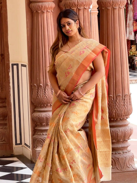 Megha Rathod In Kota Doria Saree. Available In 3 Colours.