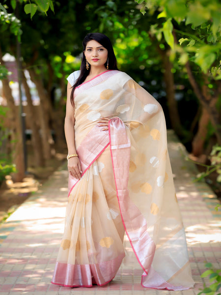 Reena Dwivedi In Kota Doria Silver and Gold Boota Saree With Matching Pallu. Available In 3 Colours.