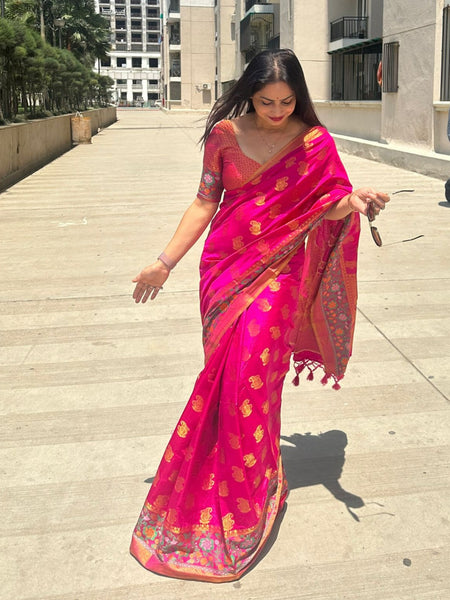 Reena Dwivedi In Banarsi Dupion Silk Saree With Matching Pallu. Available In 4 Colours.