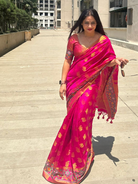 Reena Dwivedi In Banarsi Dupion Silk Saree With Matching Pallu. Available In 4 Colours.