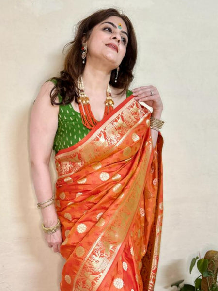 Naveena Kapoor In Handmade Banarsi Silk Designer Saree With Booti Work. Available In 4 Colours.