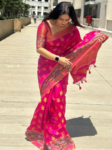 Reena Dwivedi In Banarsi Dupion Silk Saree With Matching Pallu. Available In 4 Colours.