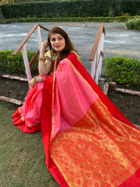 Naveena Kapoor In Traditional Garad-Korial Bengali Silk Saree With Contrast Pallu. Available In 3 Colours.