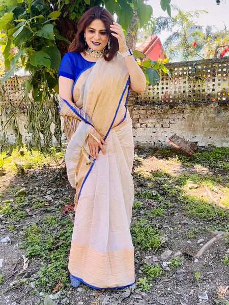 Naveena Kapoor In Blended Linen Saree. Available In 5 Different Palla And Border Colours.