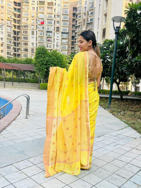 Shikha Choudhary In Yellow Chanderi Cotton Silk Saree With Copper Zari Work. Available In 6 Colours.