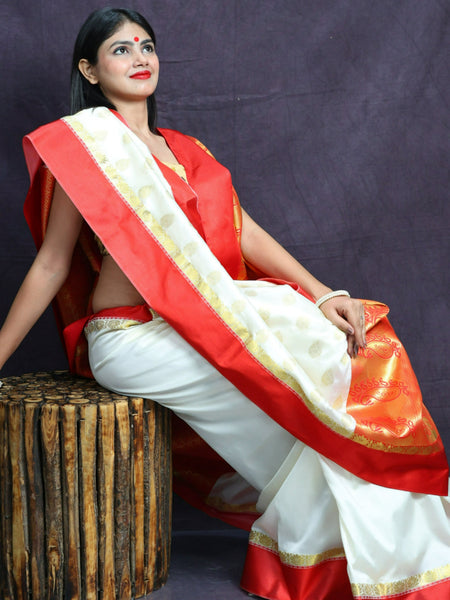 Off White Traditional Silk Garad Korial Bengali Saree With Contrast Pallu