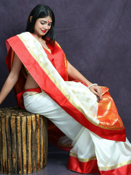 Off White Traditional Silk Garad Korial Bengali Saree With Contrast Pallu