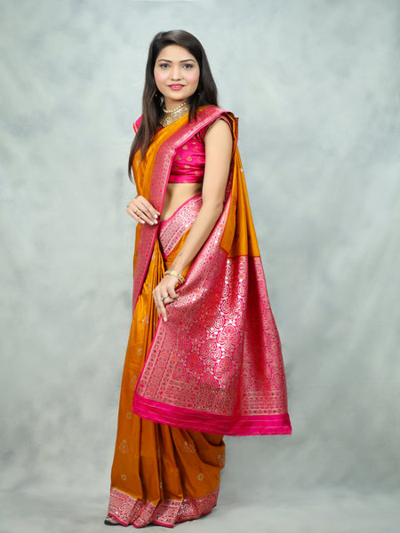 Bhawna Verma In Mustard Banarsi Dupion Silk Gota Patti Saree With Contrast Magenta Pallu