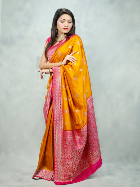 Bhawna Verma In Mustard Banarsi Dupion Silk Gota Patti Saree With Contrast Magenta Pallu