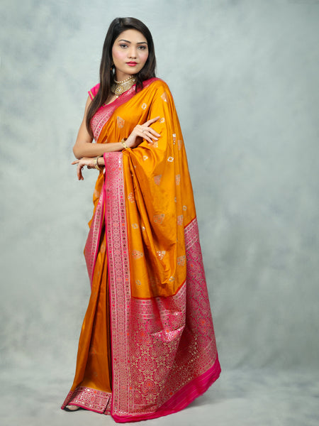 Bhawna Verma In Mustard Banarsi Dupion Silk Gota Patti Saree With Contrast Magenta Pallu