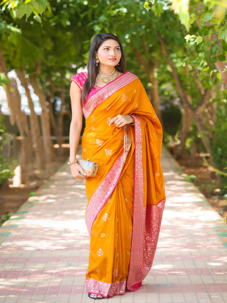 Bhawna Verma In Mustard Banarsi Dupion Silk Gota Patti Saree With Contrast Magenta Pallu