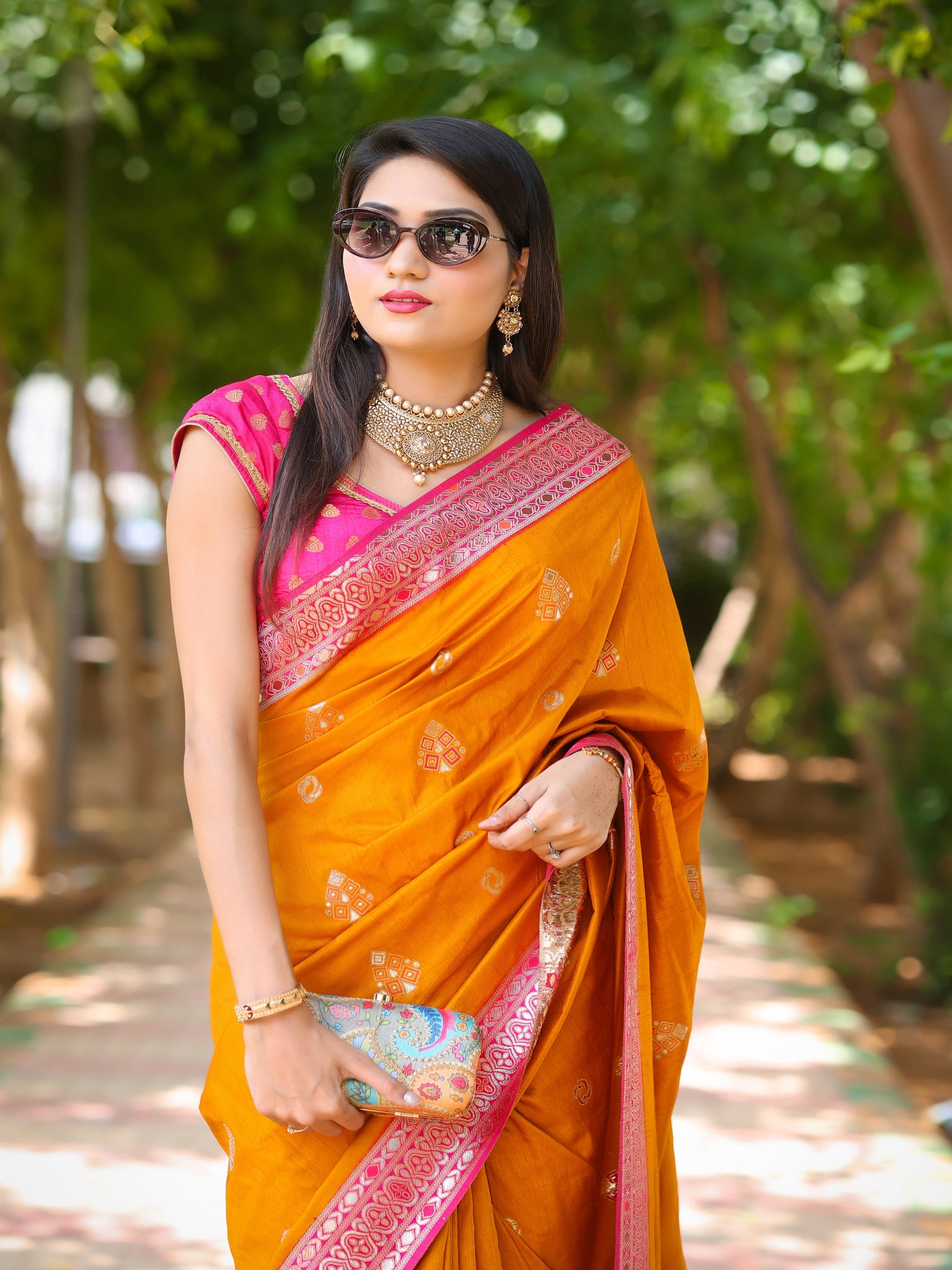 Bhawna Verma In Mustard Banarsi Dupion Silk Gota Patti Saree With Contrast Magenta Pallu