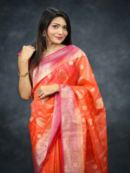 Bhawna Verma In Scarlet Banarsi Kora Silk With Contrast . Available in 3 colours.