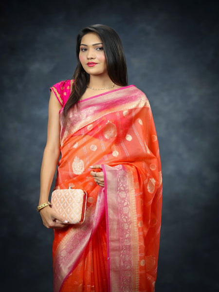 Bhawna Verma In Scarlet Banarsi Kora Silk With Contrast . Available in 3 colours.