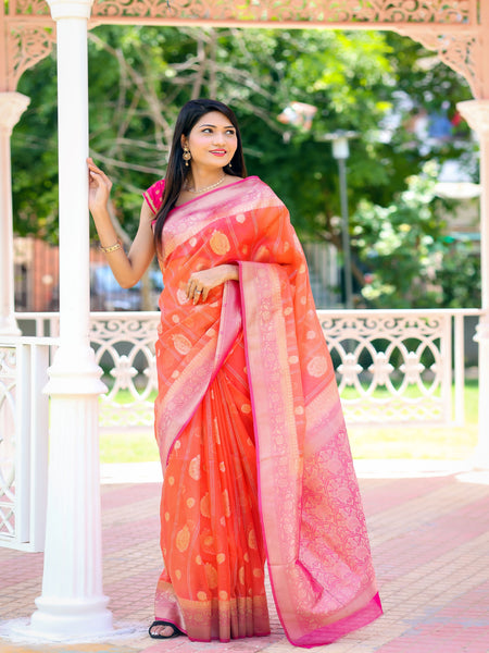 Bhawna Verma In Scarlet Banarsi Kora Silk With Contrast . Available in 3 colours.