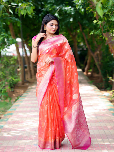 Bhawna Verma In Scarlet Banarsi Kora Silk With Contrast . Available in 3 colours.