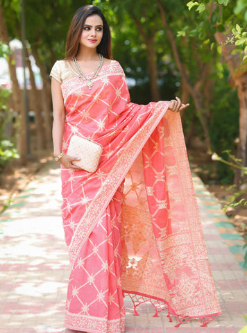 Raj Nandini Choudhary In French Rose Banarsi Silk Saree With Meena Border And Booti Work