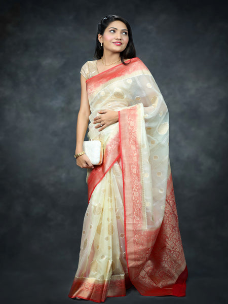 Bhawna Verma In Scarlet Banarsi Kora Silk With Contrast . Available in 3 colours.