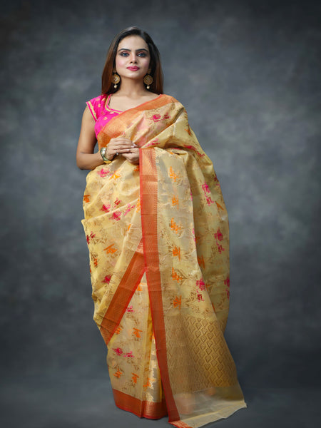 Raj Nandini Choudhary in Golden Kota Doria Check Tissue Saree with Matching Pallu. Available in 2 colours.