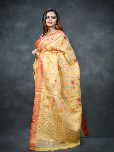 Raj Nandini Choudhary in Golden Kota Doria Check Tissue Saree with Matching Pallu. Available in 2 colours.