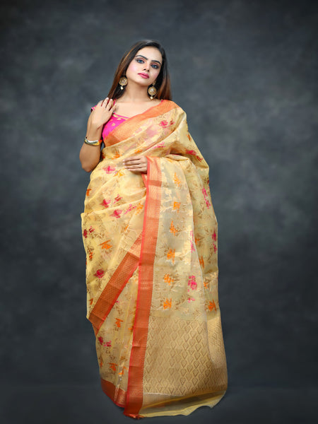 Raj Nandini Choudhary in Golden Kota Doria Check Tissue Saree with Matching Pallu. Available in 2 colours.